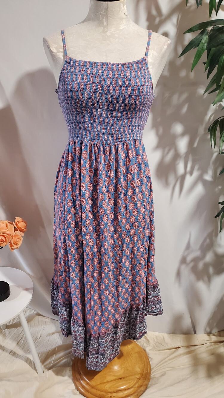 Angie Smocked Asymmetrical Midi Dress Size M Paisley Boho Print Hippie Festival